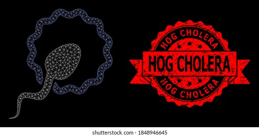Mesh network cell insemination on a black background, and Hog Cholera corroded ribbon stamp seal. Red stamp seal includes Hog Cholera tag inside ribbon.