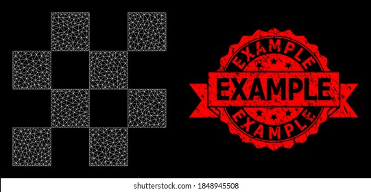 Mesh network chess cells on a black background, and Example rubber ribbon stamp. Red stamp seal includes Example title inside ribbon. Vector model created from chess cells icon with mesh.