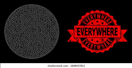 Mesh network circle on a black background, and Everywhere scratched ribbon stamp seal. Red stamp includes Everywhere tag inside ribbon. Vector model created from circle icon with mesh.