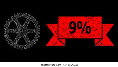 Mesh network clock gearwheel on a black background, and 9% textured ribbon stamp seal. Red stamp seal includes 9% caption inside ribbon. Vector model created from clock gearwheel icon with mesh.