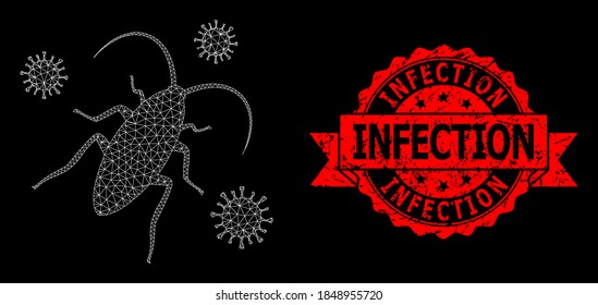 Mesh network cockroach infection on a black background, and Infection dirty ribbon seal imitation. Red seal includes Infection text inside ribbon.