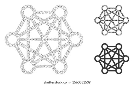 Mesh network connections model with triangle mosaic icon. Wire frame triangular mesh of network connections. Vector mosaic of triangle parts in different sizes, and color tinges.