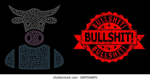 Mesh network cow boy on a black background, and Bullshit! unclean ribbon seal print. Red seal includes Bullshit! text inside ribbon. Vector model created from cow boy icon with mesh.