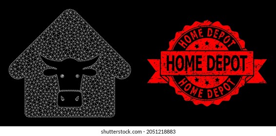 Mesh network cow farm on a black background, and Home Depot unclean ribbon seal. Red seal contains Home Depot title inside ribbon. Vector model created from cow farm icon with mesh.