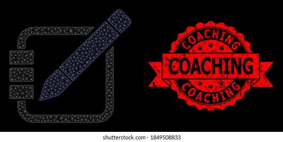 Mesh network edit records on a black background, and Coaching rubber ribbon stamp seal. Red stamp seal has Coaching text inside ribbon. Vector model created from edit records icon with mesh.