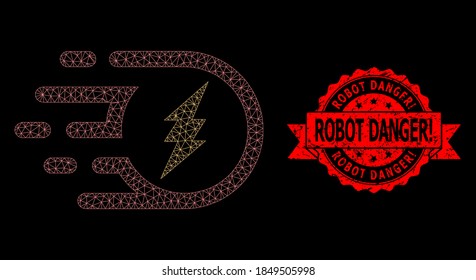 Mesh network electric participle on a black background, and Robot Danger! textured ribbon stamp seal. Red stamp seal includes Robot Danger! title inside ribbon.