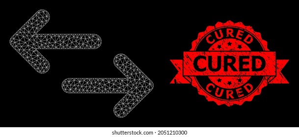 Mesh network exchange arrows on a black background, and Cured rubber ribbon seal imitation. Red seal has Cured text inside ribbon. Vector constellation created from exchange arrows icon with mesh.