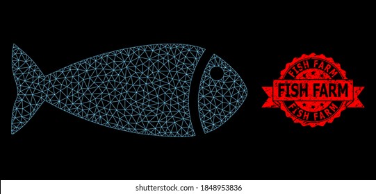 Mesh network fish on a black background, and Fish Farm corroded ribbon seal imitation. Red stamp seal contains Fish Farm title inside ribbon. Vector model created from fish icon with mesh.