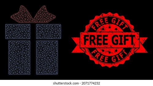 Mesh network gift on a black background, and Free Gift unclean ribbon seal print. Red stamp seal includes Free Gift tag inside ribbon. Vector constellation created from gift icon with mesh.