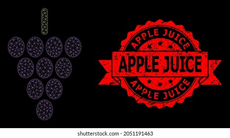 Mesh network grape berry on a black background, and Apple Juice grunge ribbon stamp. Red stamp includes Apple Juice tag inside ribbon. Vector constellation created from grape berry icon with mesh.