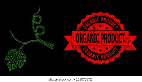 Mesh network grape sprout on a black background, and Organic Product rubber ribbon seal print. Red stamp seal includes Organic Product tag inside ribbon.