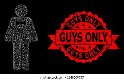 Mesh-Netzwerk-Bräutigam auf schwarzem Hintergrund und Guys Only grunge Band-Stempel-Siegel. Rote Stempelversiegelung enthält nur Text in Band. Vektormodell erstellt aus Bräutigsymbol mit Maschen.