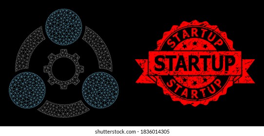 Mesh network industrial collaboration on a black background, and Startup dirty ribbon stamp. Red stamp has Startup text inside ribbon.