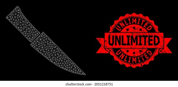 Mesh-Netzwerk-Messer auf schwarzem Hintergrund und Unlimitierte korrodierte Bandsiegel-Imitation. Rote Stempelrobbe enthält unbegrenzten Titel in der Schleife. Vektorkonstellation aus Messersymbol mit Mesh.