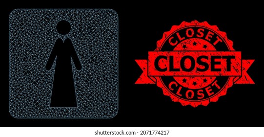 Mesh Network Lady On A Black Background, And Closet Corroded Ribbon Stamp Seal. Red Stamp Seal Has Closet Title Inside Ribbon. Vector Constellation Created From Lady Icon With Mesh.