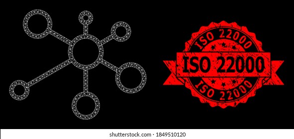 Mesh network link nodes on a black background, and ISO 22000 unclean ribbon seal. Red seal has ISO 22000 text inside ribbon. Vector model created from link nodes icon with mesh.