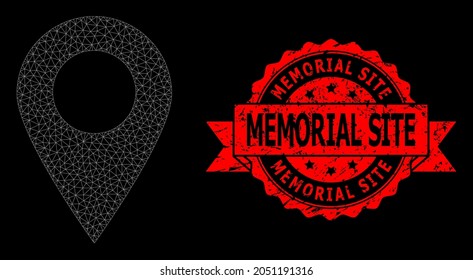 Mesh Netzwerkkarte Marker auf schwarzem Hintergrund und Memorial Site unklar Band-Stempel-Siegel. Der rote Stempel enthält Text der Gedenkstätte in der Schleife. Vektormodell erstellt aus Karte Marker Symbol mit Maschen.