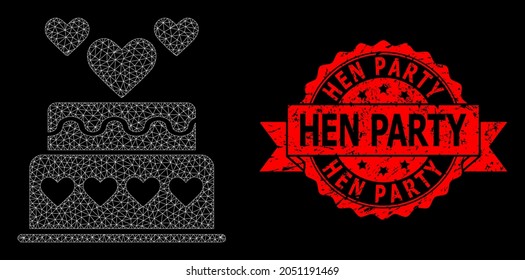 Mesh network marriage cake on a black background, and Hen Party corroded ribbon seal imitation. Red seal contains Hen Party title inside ribbon. Vector model created from marriage cake icon with mesh.