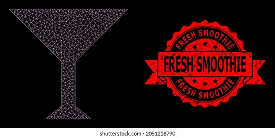 Mesh network martini cup on a black background, and Fresh Smoothie grunge ribbon seal imitation. Red stamp seal contains Fresh Smoothie title inside ribbon.