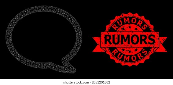 Mesh network message cloud on a black background, and Rumors grunge ribbon seal print. Red seal contains Rumors caption inside ribbon. Vector constellation created from message cloud icon with mesh.