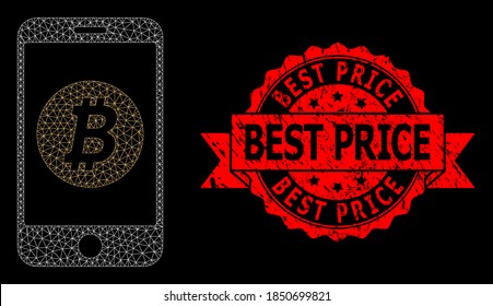 Mesh network mobile bitcoin bank on a black background, and Best Price unclean ribbon stamp seal. Red stamp seal contains Best Price caption inside ribbon.