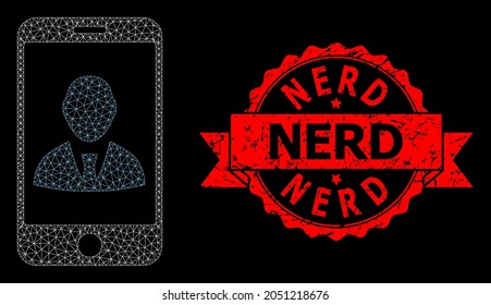 Mesh network mobile user profile on a black background, and Nerd textured ribbon stamp. Red stamp has Nerd caption inside ribbon. Vector model created from mobile user profile icon with mesh.