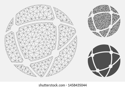 Mesh network model with triangle mosaic icon. Wire carcass polygonal mesh of network. Vector mosaic of triangle parts in variable sizes, and color tones. Abstract flat mesh network,