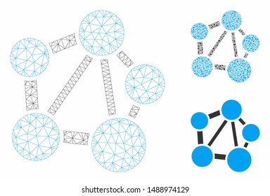 Mesh network model with triangle mosaic icon. Wire carcass triangular mesh of network. Vector mosaic of triangle parts in various sizes, and color tinges. Abstract 2d mesh network,