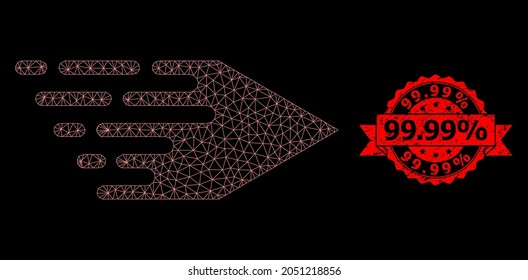 Mesh network movement right on a black background, and 99.99 percent unclean ribbon stamp seal. Red stamp seal has 99.99 percent tag inside ribbon. Vector model created from movement right icon with