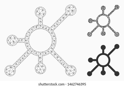 Mesh network node model with triangle mosaic icon. Wire frame triangular mesh of network node. Vector collage of triangle elements in variable sizes, and color tints. Abstract 2d mesh network node,