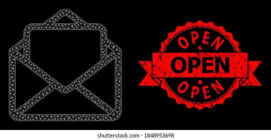 Mesh network open letter on a black background, and Open unclean ribbon stamp seal. Red stamp has Open tag inside ribbon. Vector constellation created from open letter icon with mesh.