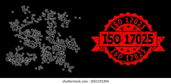 Mesh network particle swarm on a black background, and ISO 17025 rubber ribbon stamp seal. Red stamp has ISO 17025 caption inside ribbon. Vector model created from particle swarm icon with mesh. svg