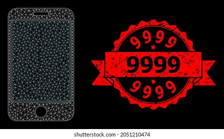 Mesh Network Phone Screen On A Black Background, And 9999 Grunge Ribbon Seal Imitation. Red Stamp Seal Has 9999 Caption Inside Ribbon. Vector Constellation Created From Phone Screen Icon With Mesh.