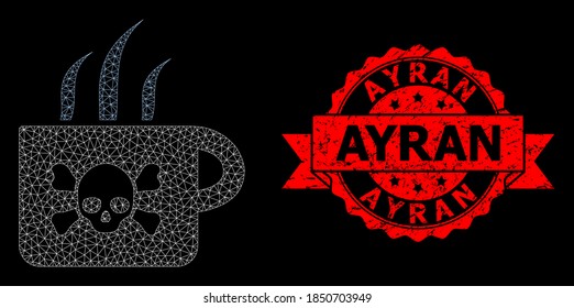 Mesh network poison tea on a black background, and Ayran scratched ribbon stamp seal. Red stamp seal contains Ayran title inside ribbon. Vector model created from poison tea icon with mesh.