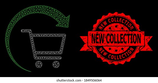 Mesh network repeat purchase order on a black background, and New Collection corroded ribbon stamp seal. Red stamp seal contains New Collection caption inside ribbon.