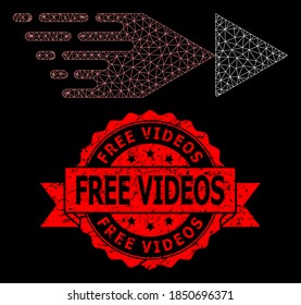 Mesh network rewind forward on a black background, and Free Videos unclean ribbon stamp seal. Red stamp contains Free Videos caption inside ribbon.