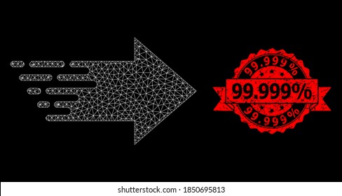 Mesh network right arrow on a black background, and 99.999% grunge ribbon stamp seal. Red stamp seal has 99.999% title inside ribbon. Vector model created from right arrow icon with triangular net.