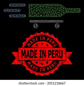Mesh network rolling wine delivery on a black background, and Made in Peru unclean ribbon stamp. Red stamp seal includes Made in Peru tag inside ribbon.