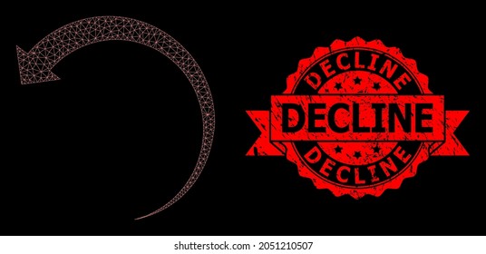 La red de malla rota hacia atrás sobre un fondo negro, y Decline sucio sello de cinta. El sello rojo contiene el texto Decline dentro de la cinta. Modelo vectorial creado a partir del icono de rotación hacia atrás con malla.