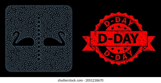 Mesh network separate swans on a black background, and D-Day grunge ribbon seal print. Red seal includes D-Day text inside ribbon. Vector model created from separate swans icon with mesh.