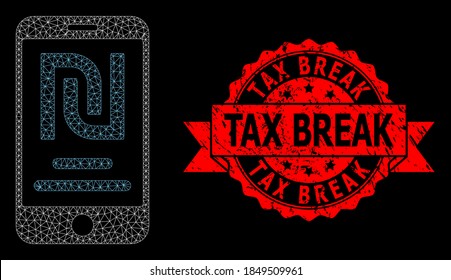 Mesh network shekel mobile account on a black background, and Tax Break textured ribbon seal print. Red seal includes Tax Break tag inside ribbon.