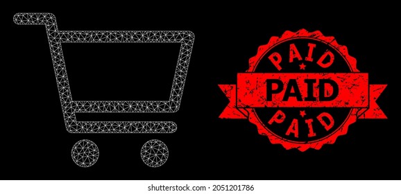 Mesh network shopping cart on a black background, and Paid grunge ribbon stamp. Red stamp seal has Paid caption inside ribbon. Vector model created from shopping cart icon with mesh.