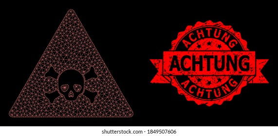 Mesh network skull toxic warning on a black background, and Achtung corroded ribbon seal imitation. Red seal contains Achtung caption inside ribbon.