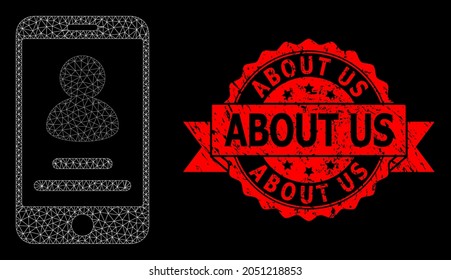 Mesh network smartphone user info on a black background, and About Us grunge ribbon seal print. Red stamp includes About Us tag inside ribbon.