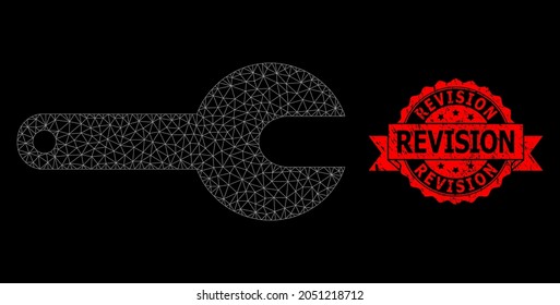Mesh network spanner tool on a black background, and Revision unclean ribbon stamp. Red stamp includes Revision caption inside ribbon. Vector constellation created from spanner tool icon with mesh.