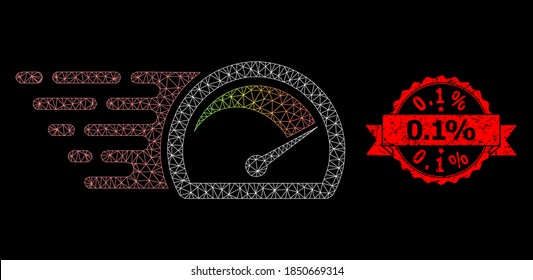 Mesh network speed gauge on a black background, and 0.1% unclean ribbon stamp. Red stamp includes 0.1% caption inside ribbon. Vector constellation created from speed gauge icon with mesh.