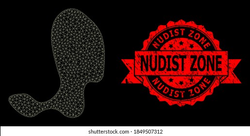 Punto de red de malla en un fondo negro y imitación de sello de cinta rasgada de la zona nudista. El sello rojo contiene la etiqueta Zona nudista dentro de la cinta. Modelo vectorial creado a partir de un icono de punto con malla.