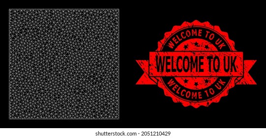 Mesh network square shape on a black background, and Welcome to Uk textured ribbon seal. Red stamp seal includes Welcome to Uk caption inside ribbon.