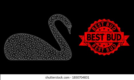 Das Mesh-Netzwerk schwan auf schwarzem Hintergrund, und Best Bud unlean Band-Stempel. Rote Stempelrobbe hat den Titel Best Bud in Band. Vektorkonstellation erstellt aus Schwan-Symbol mit Masche.