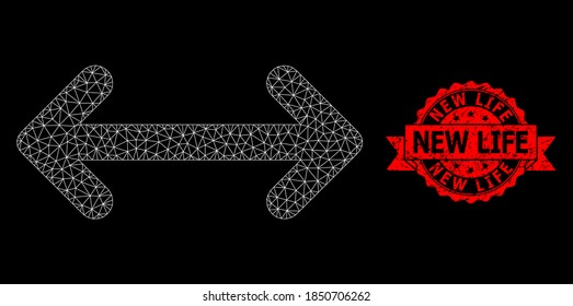 Mesh network swap arrows on a black background, and New Life scratched ribbon stamp seal. Red seal contains New Life title inside ribbon. Vector constellation created from swap arrows icon with mesh.